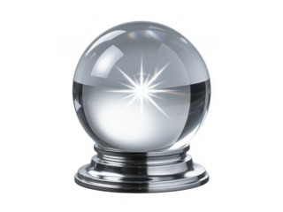 Clear glass crystal ball with starburst light reflection on silver base isolated on a transparent background