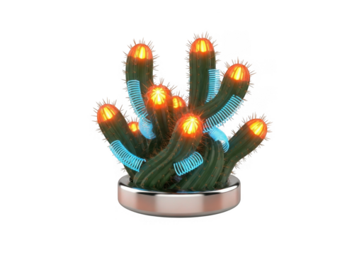 Glowing cactus with neon accents isolated on transparent background for unique decor and advertising - Powered by Adobe