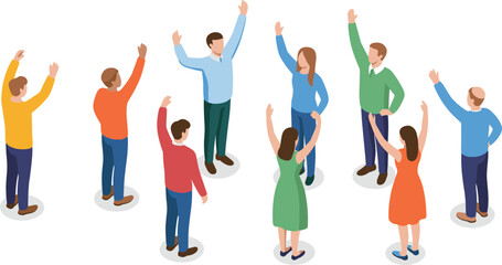 Isometric illustration of diverse people standing in a circle raising hands, teamwork activity concept, group unity, community support and collaborative interaction