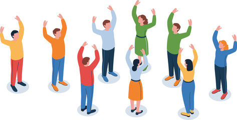 Isometric illustration of diverse people standing in a circle raising hands, teamwork activity concept, group unity, community support and collaborative interaction