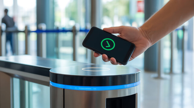 Person using smartphone for contactless entry through a modern security turnstile