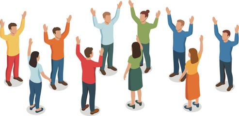 Isometric illustration of diverse people standing in a circle raising hands, teamwork activity concept, group unity, community support and collaborative interaction