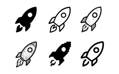 Fototapeta premium Set of six unique rocket icons in various artistic styles