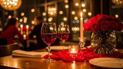 romantic dinner setting with candlelight red roses and wine glasses cozy