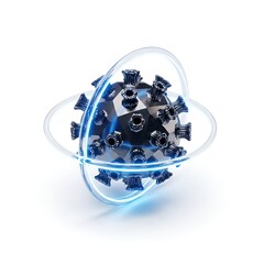 3D rendering of a virus with a glowing blue aura.