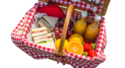 Picnic basket filled with food and drink isolated on transparent background