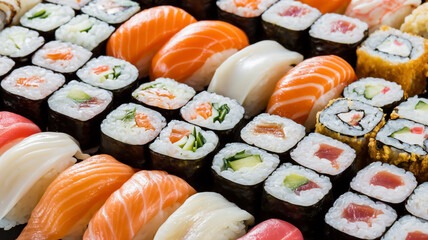 Abundant assortment of fresh salmon sushi and maki rolls