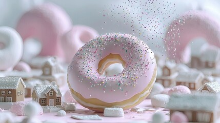 A large donut with pink frosting and sprinkles is the focal point, surrounded by miniature houses and other donuts, creating a whimsical winter scene.