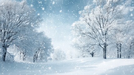 Fototapeta premium Snowy Winter Wonderland Landscape with Trees and Snowflakes, Serene and Beautiful Christmas Holiday Scene