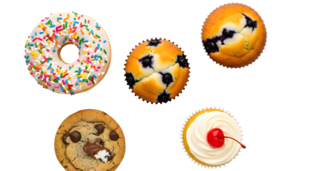 Assortment of sweet treats donut muffins cookie and cupcake isolated on transparent background