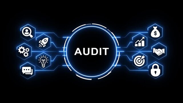 Futuristic digital interface with glowing blue hexagonal nodes connected by lines to a central circular H U D element on a dark black background representing technology data network and A I concepts