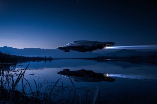 Futuristic aircraft glides silently over calm water reflecting starry night sky and distant mountains