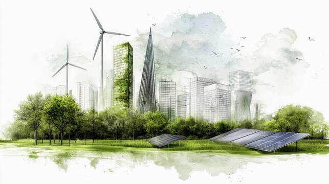 Watercolor illustration of a sustainable city with wind turbines, solar panels, trees, and skyscrapers, representing eco-friendly living and renewable energy.