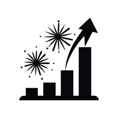 Minimal silhouette of a rising stock arrow with fireworks, black fill, white background
