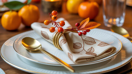 Elegant autumn table setting with stacked white plates, gold spoon, pumpkins and berries on rustic wooden table for cozy seasonal dining mood vibes
