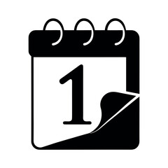 Silhouette of a calendar page turning to January 1st, black vector, minimal, white background