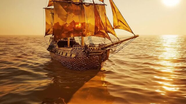 Golden galleon ship sailing on the ocean during sunset creating a sense of adventure and maritime history perfect for travel and historical projects