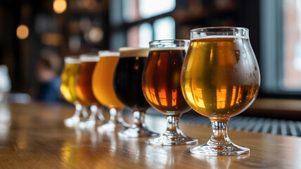 Craft beer flight lineup with golden and dark ales in tasting glasses on bar counter with warm Booker lights atmosphere