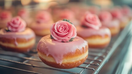 Closeup of delectable donuts adorned with pink icing and delicate rose decorations, arranged on a wire rack in a bakery display case