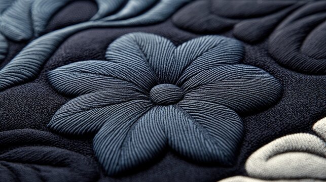 Close-up of a dark blue embroidered flower pattern on textured fabric, showcasing intricate details and design.
