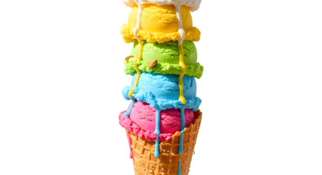 Colorful ice cream cone with multiple scoops isolated on transparent background - Powered by Adobe