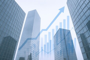 Obraz premium Corporate Growth Illustration with Upward Arrow and Bar Chart Overlayed on Modern Skyscrapers