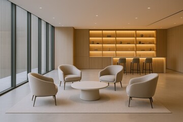 Fototapeta premium Modern Office Lounge Area with Comfortable Armchairs, Contemporary Design and Minimalist Aesthetic for Relaxing and Collaborative Work