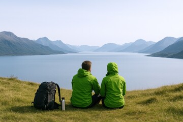 Fototapeta premium Couple Enjoying Scenic Mountain Lake View: Adventure, Togetherness, and Nature in the Highlands