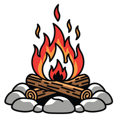 Campfire Illustration with Stones and Burning Logs