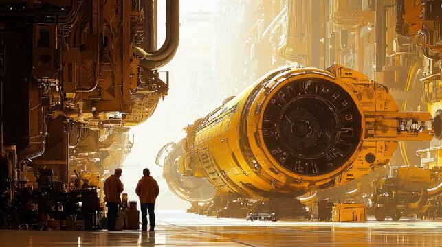 Two men stand in a large industrial setting, examining a large, futuristic engine. The scene is bathed in dramatic, warm lighting.