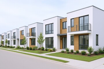 Row of Modern Townhouses with Clean Lines and Balconies Showcasing Contemporary Residential Architecture