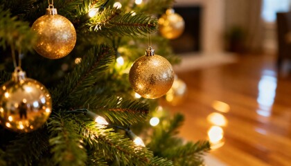 Beautiful Christmas tree with golden ornaments and twinkling lights