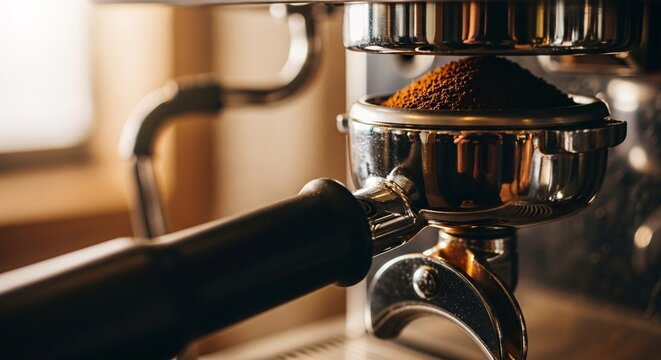 Coffee Grounds Being Compressed of Espresso Machine Stainless Steel Metal Handle Coffee Making Close up 