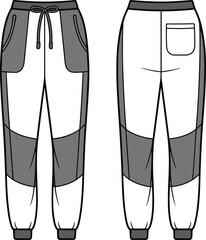 Colorblock panel jogger pants technical flat sketch front and back view elastic waistband drawstring ribbed cuffs patch pocket sportswear design