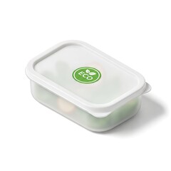 Eco-Friendly Food Container with Green Logo on White Background.