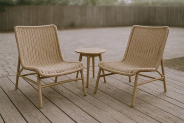 Fototapeta premium Outdoor Seating Arrangement with Two Wicker Chairs and a Small Table on a Wooden Deck