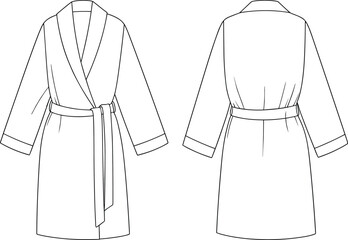 Short shawl collar bathrobe technical flat sketch front and back view garment template fashion vector outline design with belt and cuffs
