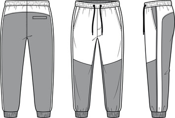 Men's women's colorblock panel jogger pants technical flat sketch front back side elastic waistband drawstring ribbed cuff patch pocket template