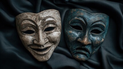 Comedy and tragedy masks on draped fabric symbolizing dual emotions and theatrical arts
