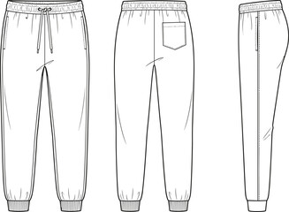 Men's women's jogger pants technical flat sketch front back side view elastic waistband drawstring ribbed cuff patch pocket sewing pattern