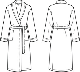 Long shawl collar bathrobe technical vector flat sketch front and back view sewing pattern garment template clean lineart minimal outline