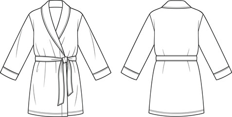Technical vector illustration of a classic bathrobe with belt, shawl collar, long sleeves, clean stitching details and front back views