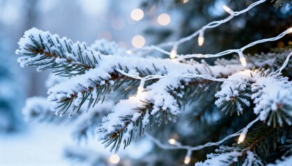 Obraz premium Snowy Evergreen Branch with Twinkling Winter Lights