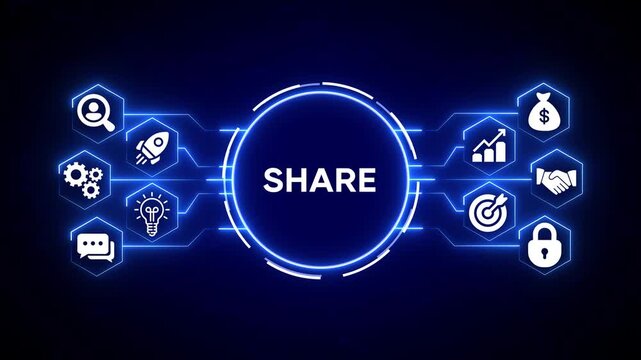 Futuristic neon hexagon network connection data flow abstract background digital technology concept glowing blue lines on dark deep blue background with central circle for text overlay or graphic