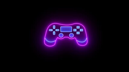 Futuristic glowing game controller icon, with vibrant purple and blue neon lights, symbolizing gaming and digital entertainment. - Powered by Adobe