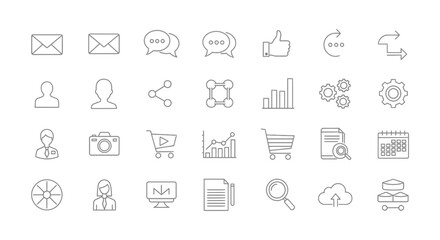 Collection of minimalist line icons for business and digital communication concepts