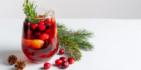 Glass of cranberry juice, fresh cranberries scattered, vibrant red and white colors, flat design aesthetic, suitable for beverage menus, social media promotions, health-related websites
