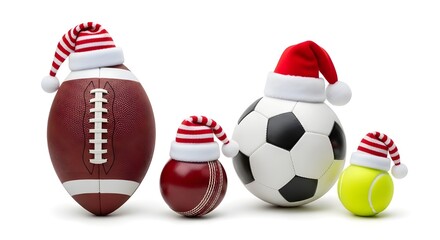 Different Sports Balls Wearing Christmas Hats &ndash; Festive Holiday Sports Illustration