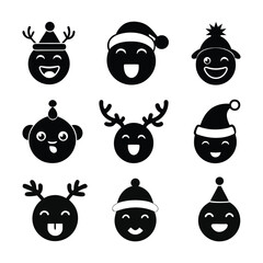 Christmas emojis Santa characters silhouette set. Emoji Christmas Santa hat character in happy, winking, smiling, cute, cool and naughty facial expression emoticon collection vector 