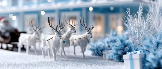 Winter scene featuring Santa Claus with reindeer in a snowy setting next to a blue house decorated with holiday elements